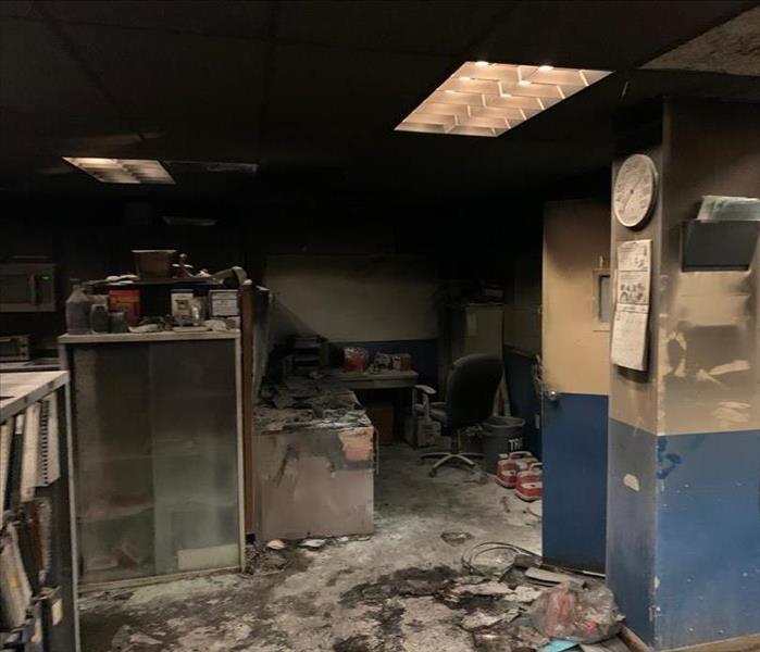 Office space that is damaged from fire and soot. 