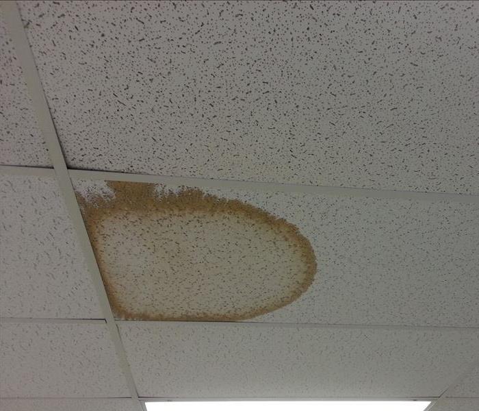 A large water stain on a drop down ceiling.